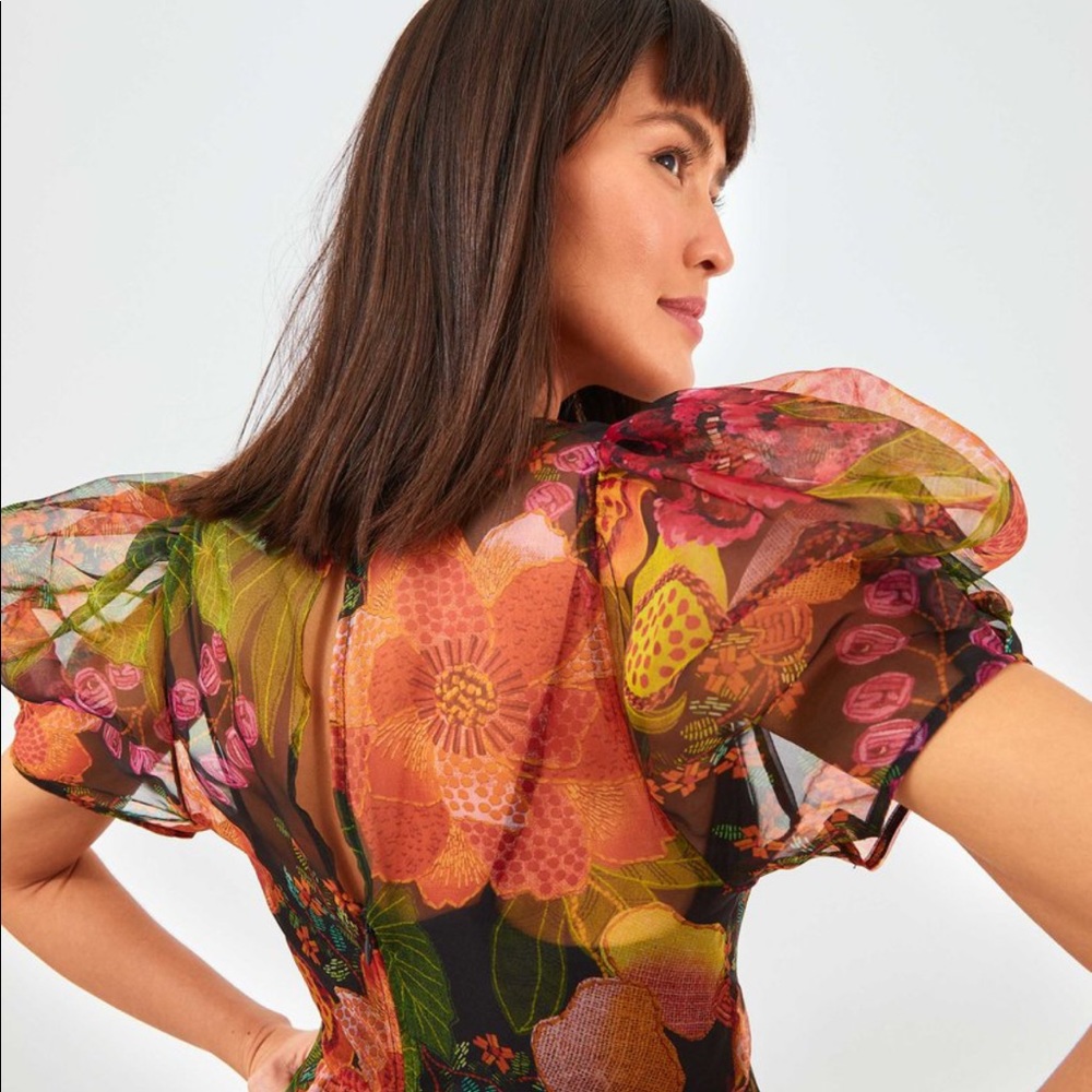 Black Fruit Floral Wrap Midi Dres